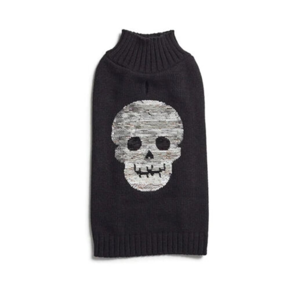 NEW HOTEL DOGGY Flip Over Sequin Silver Embellished Skull Knit Pet Sweater Black